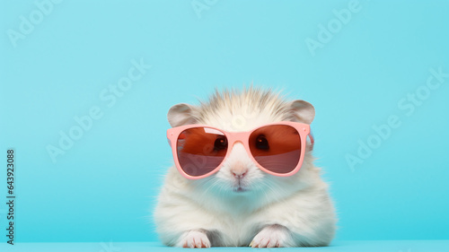 Hamster wearing pink sunglasses, Cute pet in shades on minimal clean blue background, Editorial animal concept | Generative AI