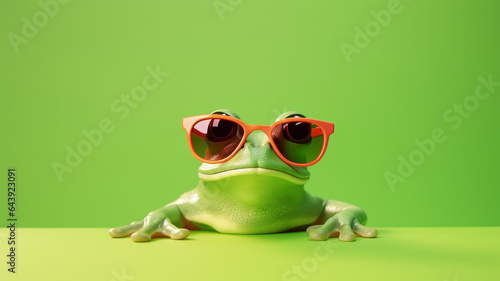 Green frog wearing sunglasses, Cute froggie in shades on minimal lime background, Editorial animal concept | Generative AI