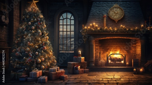 Interior of luxury classic living room with Christmas decor and magic atmosphere. Blazing fireplace, garlands and burning candles, elegant Christmas tree, gift boxes. Christmas celebration concept. © Georgii