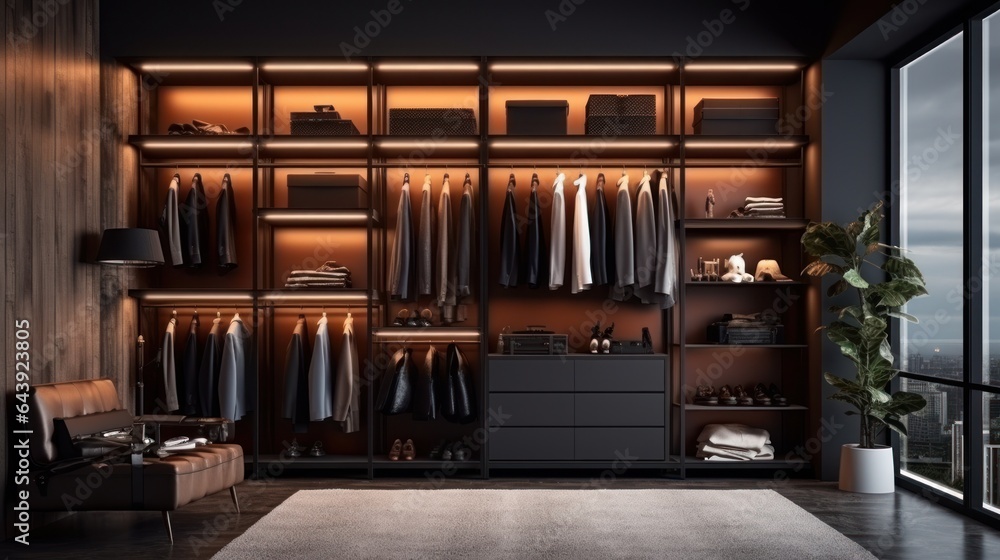 Front view of a modern minimalist walk-in closet. Wardrobe with neatly hung clothes, comfortable couch, plant in floor pot, home decor. Mockup, 3D rendering. Front view of a modern minimalist walk-in closet. Wardrobe with neatly hung clothes, comfortable couch, plant in floor pot, home decor. Mockup, 3D rendering.