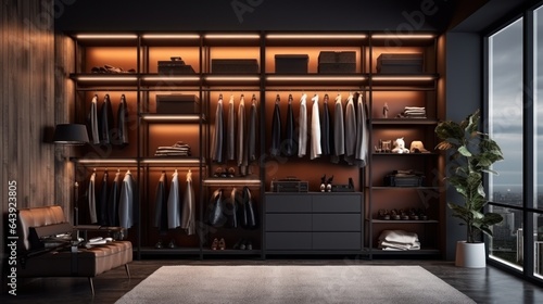 Front view of a modern minimalist walk-in closet. Wardrobe with neatly hung clothes, comfortable couch, plant in floor pot, home decor. Mockup, 3D rendering. © Georgii