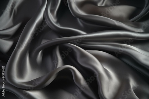 Glossy gray satin fabric in wavy patterns creates a silky, whimsical background texture. Generative AI