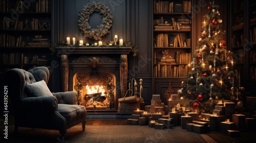 Wallpaper Mural Interior of luxury classic living room with Christmas decor. Blazing fireplace and bookcases, wreath, garlands and burning candles, elegant Christmas tree, gift boxes. Christmas celebration concept. Torontodigital.ca