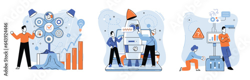 Team solving complex problems. Teamwork vector illustration metaphor. Coworkers characters communication Team building and business partnership concept Brainstorming team discuss about new project