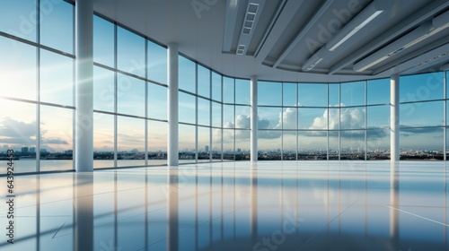 Interior of empty open space office area in modern luxury building. Glossy floor, white columns and ceiling, huge floor-to-ceiling windows with urban view. Template, 3D rendering.