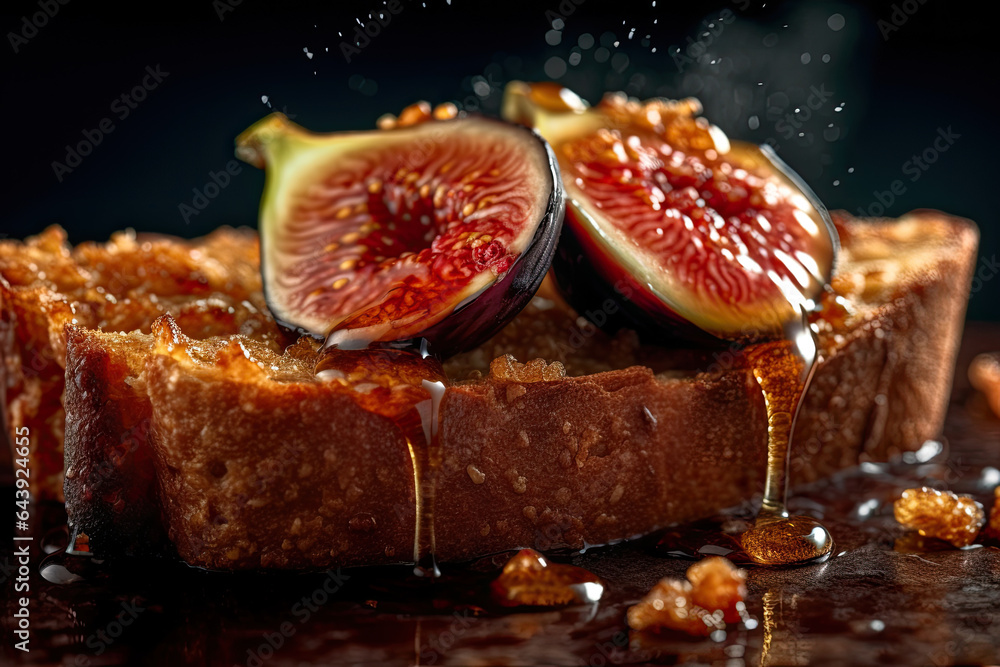fig toast, macro shot of a fresh breakfast with Dripping Honey, AI Generated fig toast, macro shot of a fresh breakfast with Dripping Honey, AI Generated