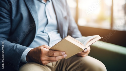 A man sits and reads a book.