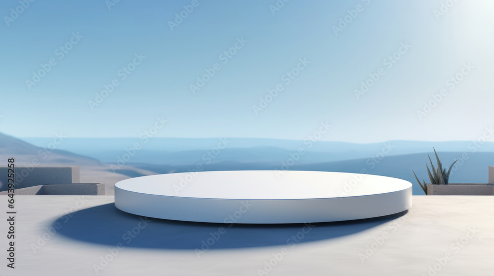 Empty pedestal white marble on white floor with sea and island view background.