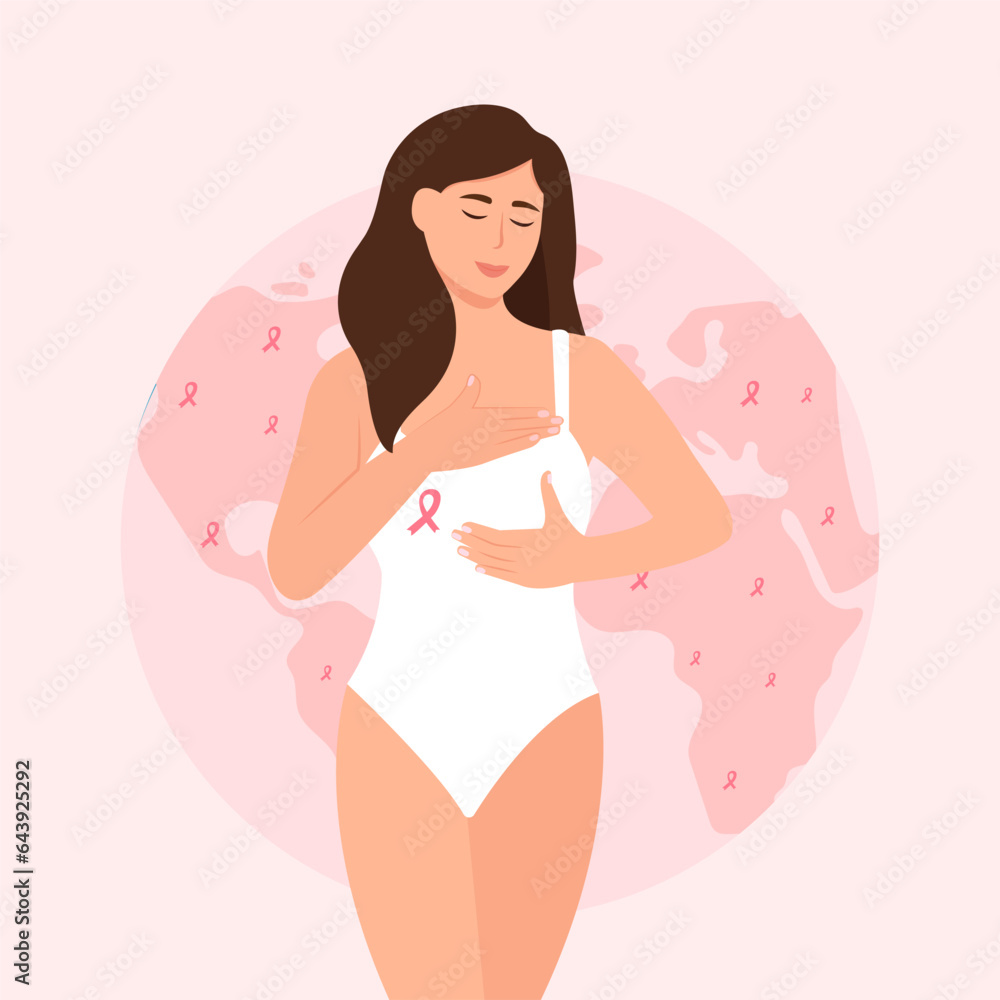 Breast Cancer awareness.Woman with pink ribbon. Disease prevention, solidarity, charity campaign flyer. . Vector illustration Breast Cancer awareness.Woman with pink ribbon. Disease prevention, solidarity, charity campaign flyer. . Vector illustration