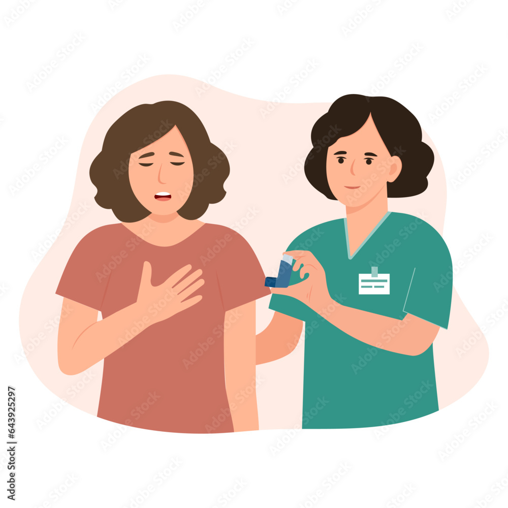 .A doctor is giving inhaler to  patient with asthma attack. Bronchial asthma diagnosis, treatment and medicine, shortness of breath, respiratory attack, allergy cough. Vector illustration.