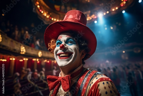 Photo of a vintage style clown in a dimly lit room created with Generative AI technology