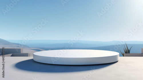 Empty pedestal white marble on white floor with sea and island view background.