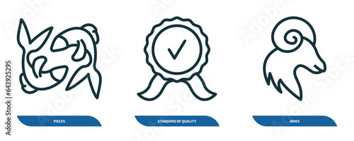 set of 3 linear icons from zodiac concept. outline icons such as pisces, standard of quality, aries vector