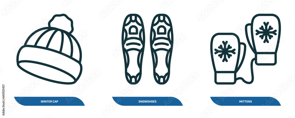 set of 3 linear icons from winter concept. outline icons such as winter cap, snowshoes, mittens vector set of 3 linear icons from winter concept. outline icons such as winter cap, snowshoes, mittens vector