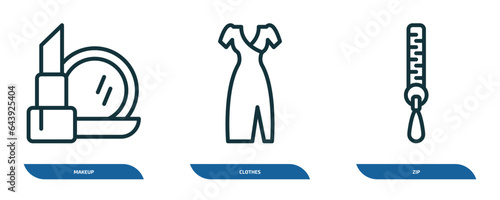 set of 3 linear icons from woman clothing concept. outline icons such as makeup, clothes, zip vector