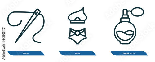 set of 3 linear icons from woman clothing concept. outline icons such as needle, bikini, parfum bottle vector