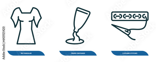 set of 3 linear icons from woman clothing concept. outline icons such as rectangular, creme container black, clothing stitches vector