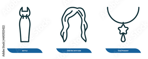 set of 3 linear icons from woman clothing concept. outline icons such as bottle, hair wig with side, star pendant vector