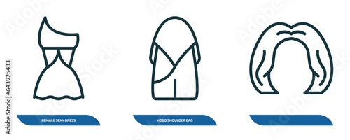 set of 3 linear icons from woman clothing concept. outline icons such as female sexy dress, hobo shoulder bag, vector