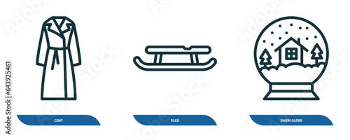 set of 3 linear icons from winter concept. outline icons such as coat, sled, snow globe vector
