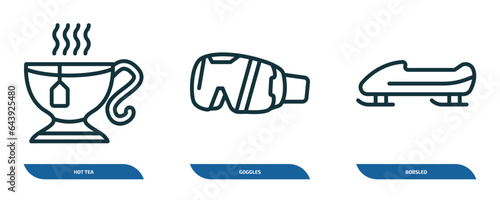 set of 3 linear icons from winter concept. outline icons such as hot tea, goggles, bobsled vector
