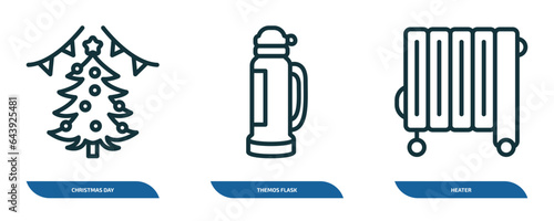 set of 3 linear icons from winter concept. outline icons such as christmas day  themos flask  heater vector