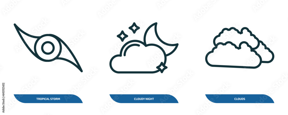 set of 3 linear icons from weather concept. outline icons such as tropical storm, cloudy night, clouds vector set of 3 linear icons from weather concept. outline icons such as tropical storm, cloudy night, clouds vector