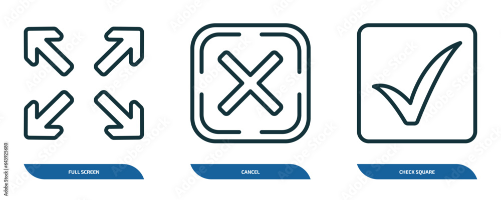 set of 3 linear icons from user interface concept. outline icons such as full screen, cancel, check square vector set of 3 linear icons from user interface concept. outline icons such as full screen, cancel, check square vector
