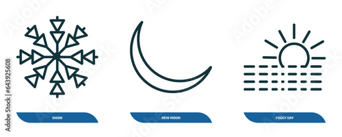 set of 3 linear icons from weather concept. outline icons such as snow, new moon, foggy day vector