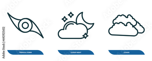 set of 3 linear icons from weather concept. outline icons such as tropical storm, cloudy night, clouds vector