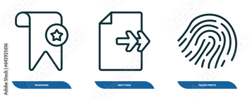 Wallpaper Mural set of 3 linear icons from user interface concept. outline icons such as bookmark, next page, finger prints vector Torontodigital.ca