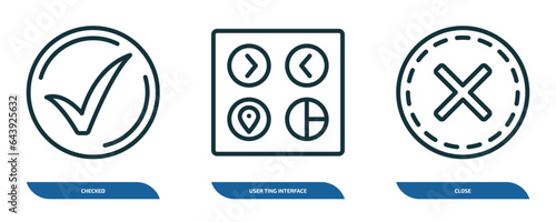 set of 3 linear icons from user interface concept. outline icons such as checked, user ting interface, close vector