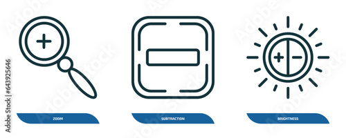 set of 3 linear icons from user interface concept. outline icons such as zoom, subtraction, brightness vector