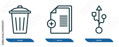 set of 3 linear icons from user interface concept. outline icons such as eliminar, new file, usb port vector