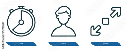set of 3 linear icons from user interface concept. outline icons such as hour, humans, enlarge vector