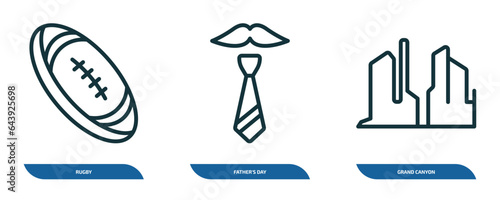set of 3 linear icons from united states of america concept. outline icons such as rugby, father's day, grand canyon vector