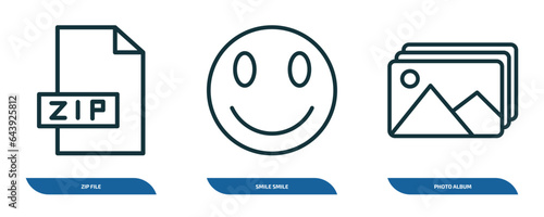 set of 3 linear icons from user interface concept. outline icons such as zip file, smile smile, photo album vector