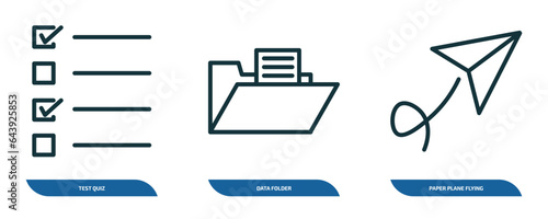 set of 3 linear icons from user interface concept. outline icons such as test quiz, data folder, paper plane flying vector