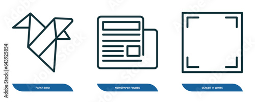 set of 3 linear icons from user interface concept. outline icons such as paper bird, newspaper folded, screen in white vector