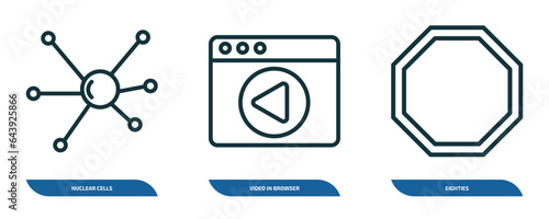 set of 3 linear icons from user interface concept. outline icons such as nuclear cells, video in browser, eighties vector