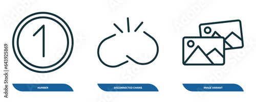 set of 3 linear icons from user interface collection. concept. outline icons such as number, disconnected chains, image variant vector