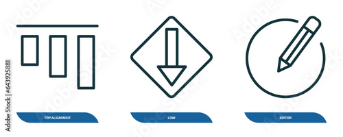 set of 3 linear icons from user interface concept. outline icons such as top alignment, low, editor vector