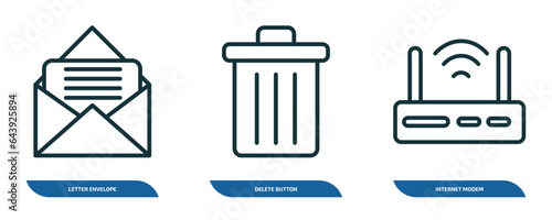 set of 3 linear icons from user interface concept. outline icons such as letter envelope, delete button, internet modem vector