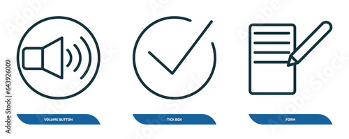 set of 3 linear icons from user interface concept. outline icons such as volume button, tick box, form vector