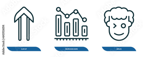 set of 3 linear icons from user interface concept. outline icons such as slim up, decreasing bars chart, smiles vector