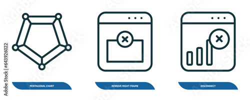 set of 3 linear icons from user interface concept. outline icons such as pentagonal chart, remove right frame, disconnect vector