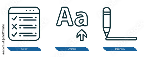 set of 3 linear icons from user interface concept. outline icons such as task list, letter size, gross pencil vector