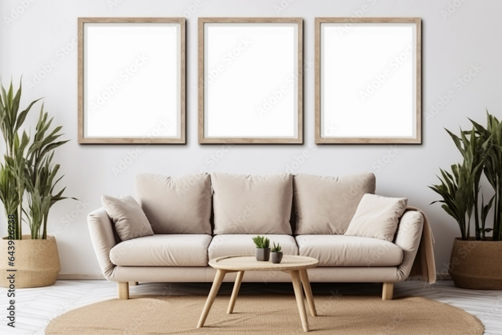 Living Room Mockup - 3 Frames Over Couch Setup - Modern Home Decor Interior Design - Wall Art Display - Contemporary Furniture Background - High-Resolution Image Living Room Mockup - 3 Frames Over Couch Setup - Modern Home Decor Interior Design - Wall Art Display - Contemporary Furniture Background - High-Resolution Image