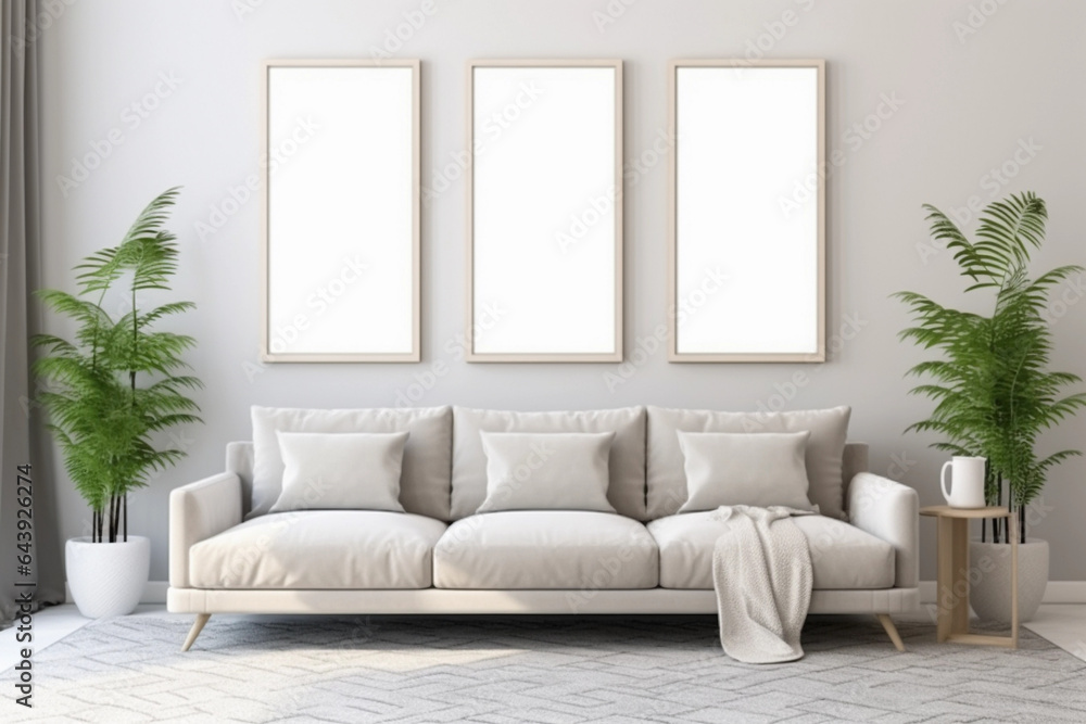 Living Room Mockup - 3 Frames Over Couch Setup - Modern Home Decor Interior Design - Wall Art Display - Contemporary Furniture Background - High-Resolution Image Living Room Mockup - 3 Frames Over Couch Setup - Modern Home Decor Interior Design - Wall Art Display - Contemporary Furniture Background - High-Resolution Image