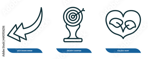 set of 3 linear icons from user interface concept. outline icons such as back drawn arrow, archery champion, ecologic heart vector